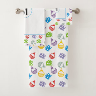 Modern colorful Christmas balls & gifts monogram Bath Towel Set