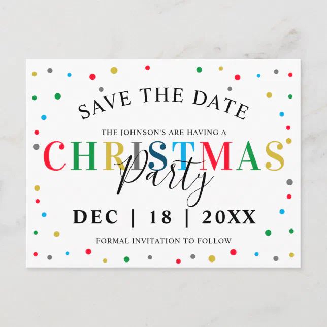 Modern Colorful Christmas Save The Date Postcard 