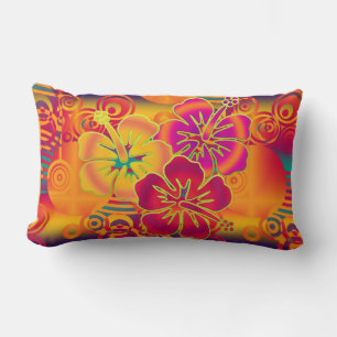 Modern Colorful Circle & Hibiscus Blooms Lumbar Pillow