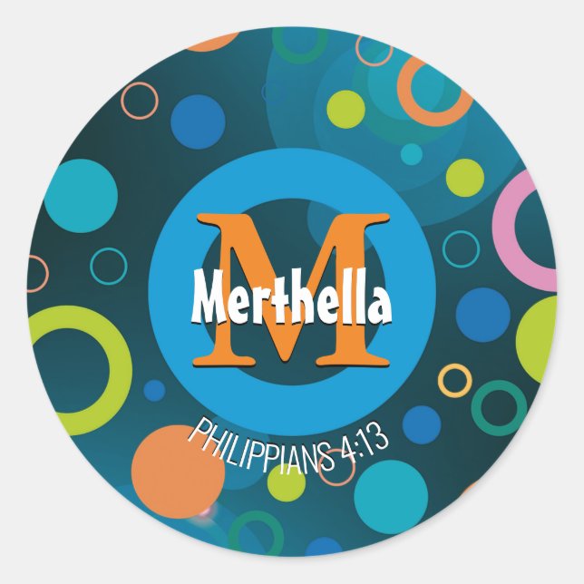 Modern Colorful Circles Monogram Customized BLUE Classic Round Sticker (Front)