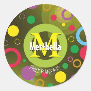 Modern Colorful Circles Monogram Customized GREEN Classic Round Sticker