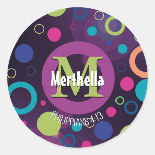 Modern Colorful Circles Monogram Customized PURPLE Classic Round Sticker