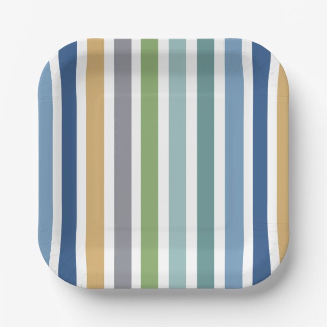 Modern Colorful Coastal Beach House Stripes Party Paper Plates (Front)