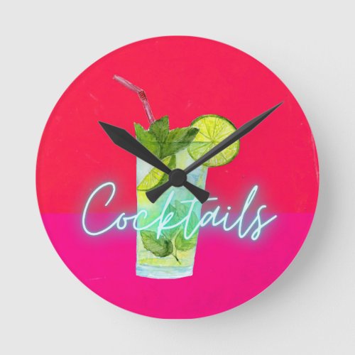 Modern Colorful  Cocktails Bar Art    Round Clock