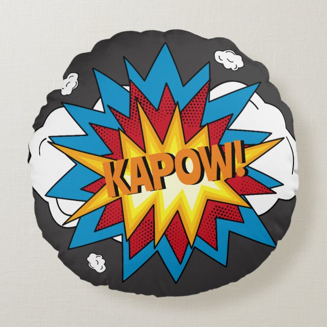 Modern Colorful Comic Book KAPOW Pop Art Round Pillow (Front)