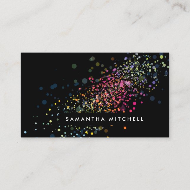 Modern Colorful Confetti Bokeh Black Business Card (Front)