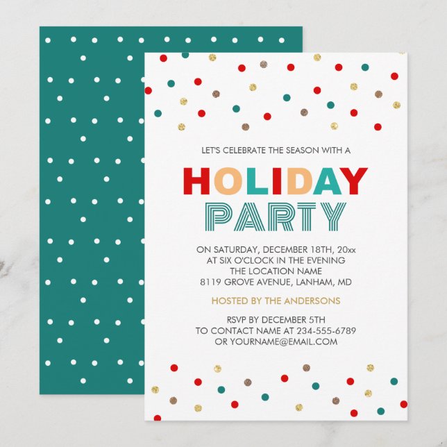 Modern Colorful Confetti Dots Holiday Party Invitation (Front/Back)