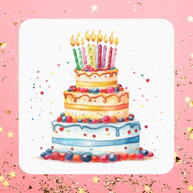Modern Colorful Cute Birthday Cake Square Sticker (Creator Uploaded)