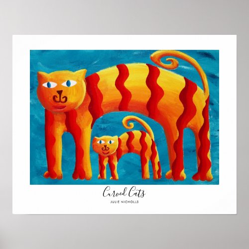 Modern Colorful Cute Curved Cat and Kitten  Poster