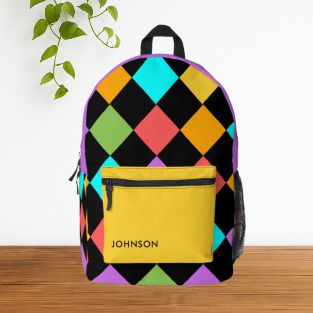 Modern Colorful Diamond Geometric Pattern Printed Backpack (colorful vibrant fun diamond pattern backpack)