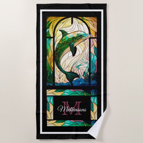Modern Colorful Dolphins Ocean Stained Glass Look Beach Towel