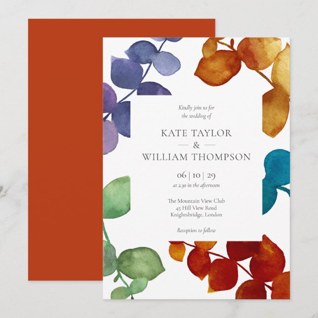 Modern Colorful Eucalyptus Leaves Floral Wedding Invitation (Front/Back)