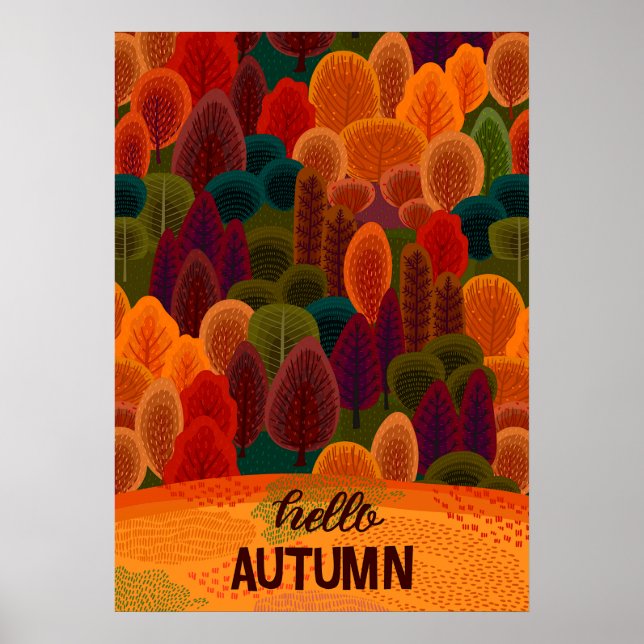 Modern Colorful Fall Trees, Hello Autumn Poster (Front)