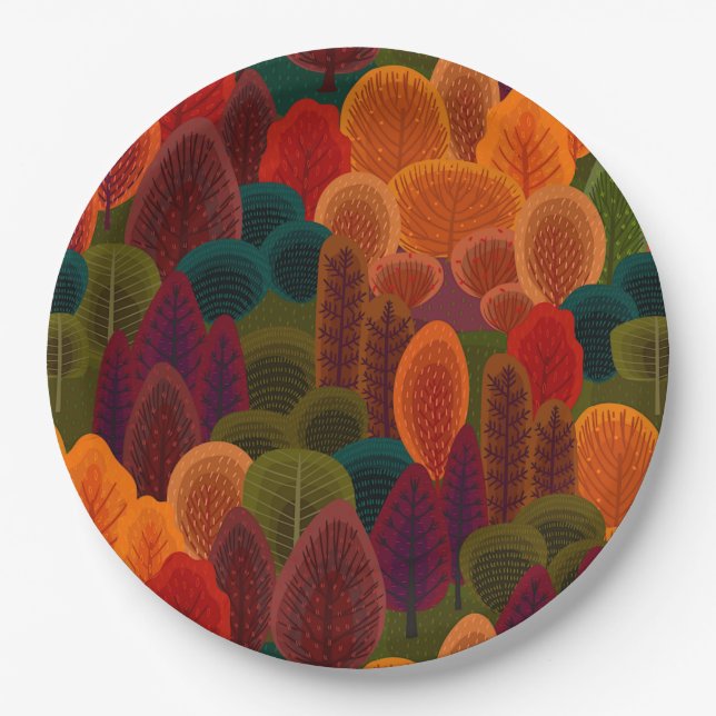 Modern Colorful Fall Trees Paper Plates (Front)