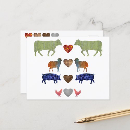 Modern Colorful Farm Animals Heart Silhouette  Postcard