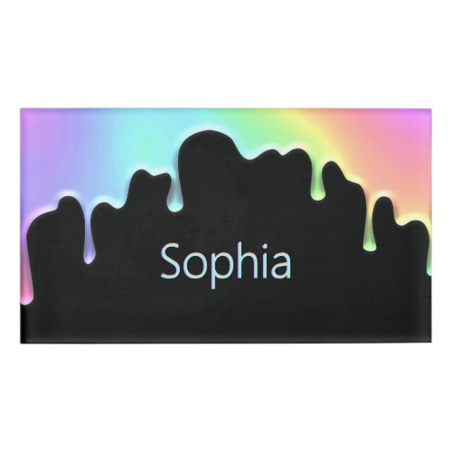 Modern Colorful Faux Holographic Rainbow Drops Name Tag
