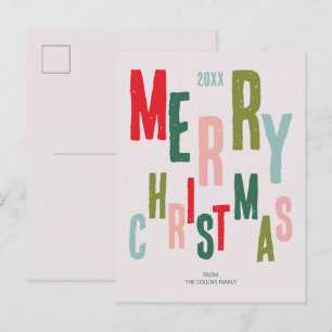 Modern Colorful Festive Typography Merry Christmas Holiday Postcard