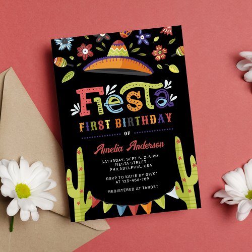 Modern Colorful Fiesta Mexican Black 1st Birthday Invitation