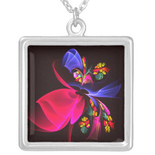 Modern Colorful Floral Abstract Art Pattern #06 Silver Plated Necklace