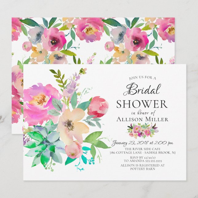 Modern Colorful Floral Bridal Shower Invitations (Front/Back)