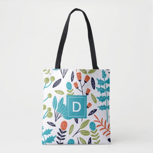 Modern Colorful Floral  Foliage Pattern Monogram Tote Bag