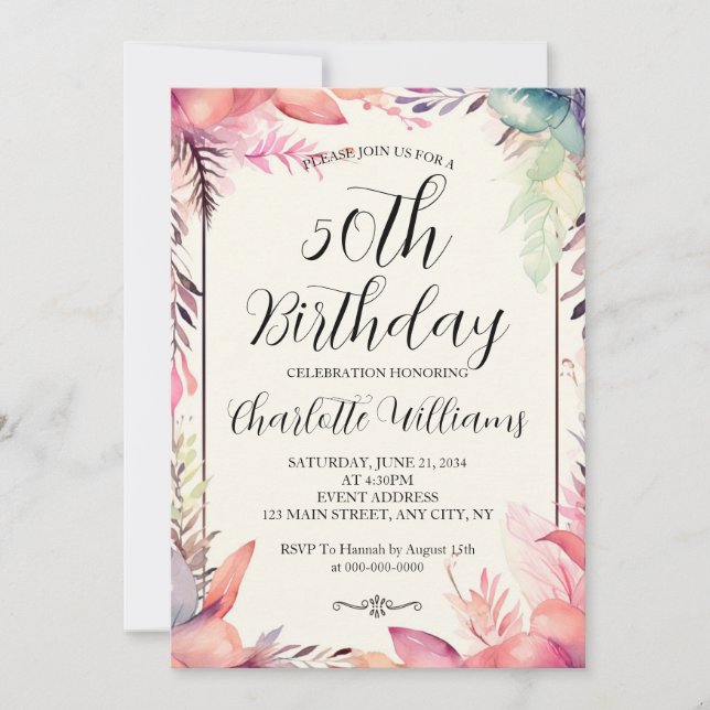 Modern Colorful Floral Frame 50th Birthday Invitation (Front)