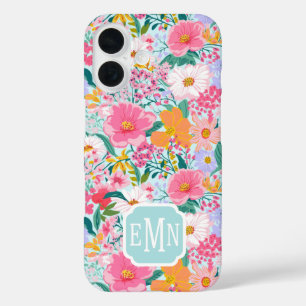 Modern Colorful Floral Garden Monogrammed iPhone 16 Case