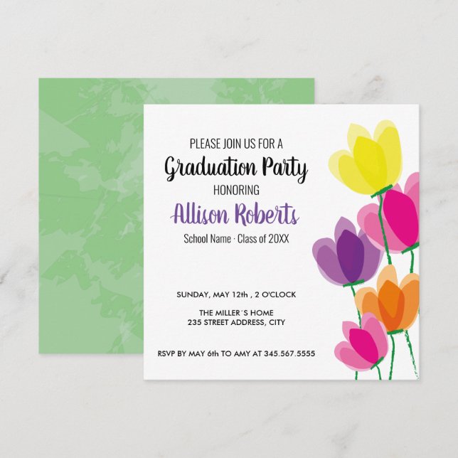 Modern colorful floral graduation party invitation (Front/Back)