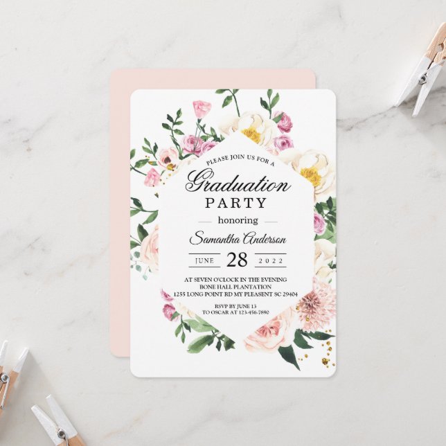 Modern Colorful Floral Graduation Party Invitation (Front/Back In Situ)