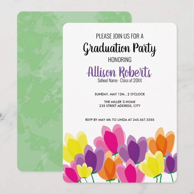 Modern colorful floral graduation party invitation (Front/Back)