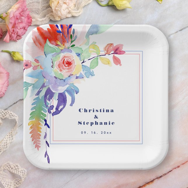 Modern Colorful Floral LGBTQ Wedding Paper Plates (Creator Uploaded)
