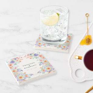 Modern Colorful Floral LGBTQ Wedding Stone Coaster