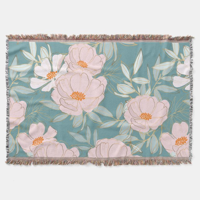 Modern colorful floral pattern blue background throw blanket (Front)