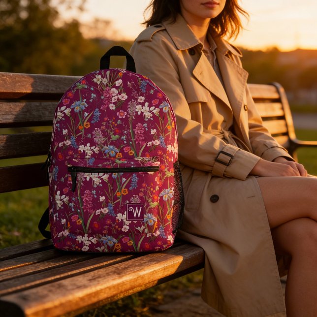 Modern Colorful Floral Pattern Purple Monogram Printed Backpack (The pretty and elegant purple, violet multi-floral backpack for modern women. A practical backpacks.)