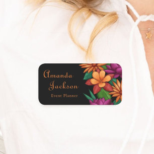 Modern Colorful Flowers Black Employee Name Name Tag
