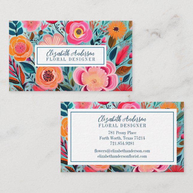 Modern Colorful Flowers Pink Teal Business Card (Front/Back)