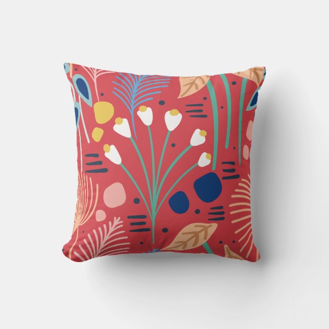 Modern Colorful Foliage Floral Pattern Red Throw Pillow (Front)