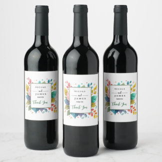 Modern Colorful Fowers Watercolor Wine Label