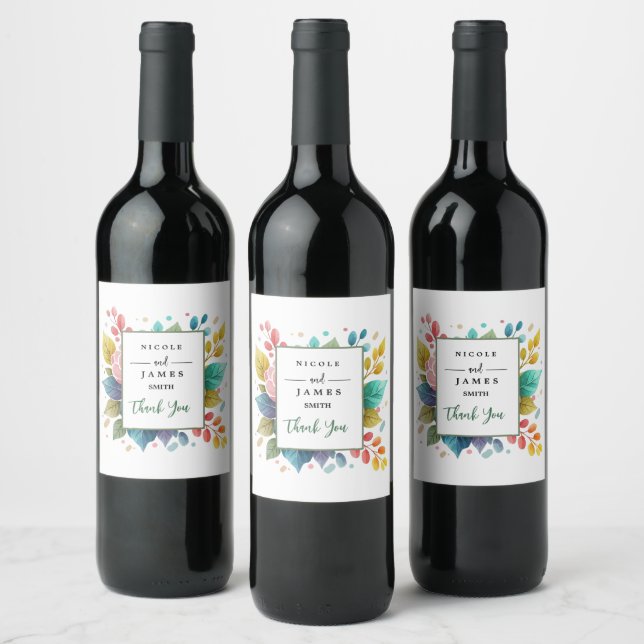 Modern Colorful Fowers Watercolor Wine Label (Bottles)