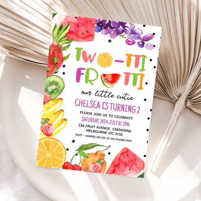 Modern Colorful Fruit Twotii Frutti 2nd Birthday Invitation (Girls Twotti Frutti 2nd Birthday Invitation, Twotti Fruity Invite, Fruity Birthday Card Summer )