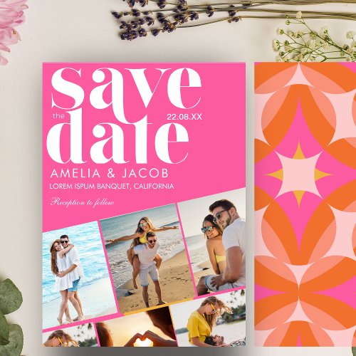 Modern colorful fun Wedding Photo Orange and pink Save The Date