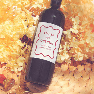 Modern Colorful Funky Wavy Frame Retro Wedding Wine Label