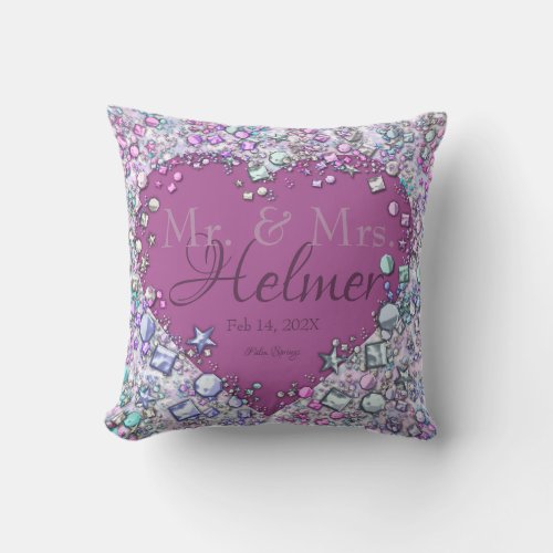 Modern Colorful Gems Heart Shaped Wedding Keepsake Throw Pillow