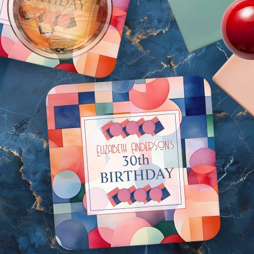 Modern Colorful Geometric Abstract 30th Birthday Square Paper Coaster