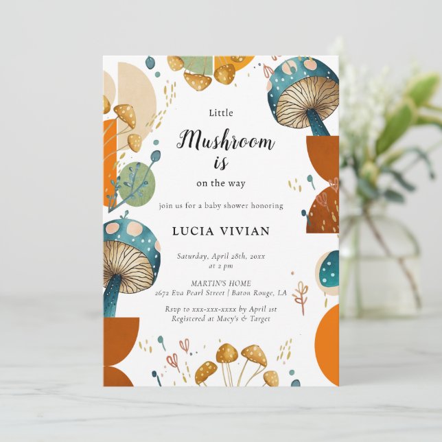 Modern Colorful Geometric Mushroom Baby Shower Invitation (Standing Front)