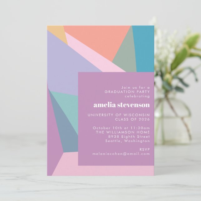 Modern Colorful Geometric Purple Graduation Party Invitation (Standing Front)