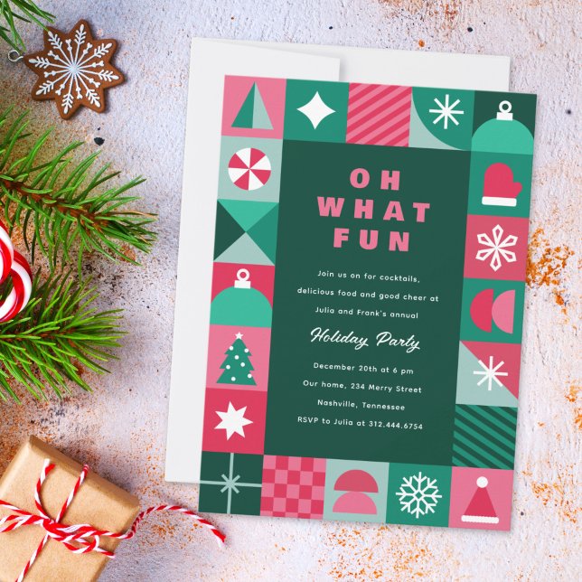 Modern Colorful Geometric Shapes Christmas Party Invitation (modern, geometric, fun, Christmas party invitation with simple festive icons)