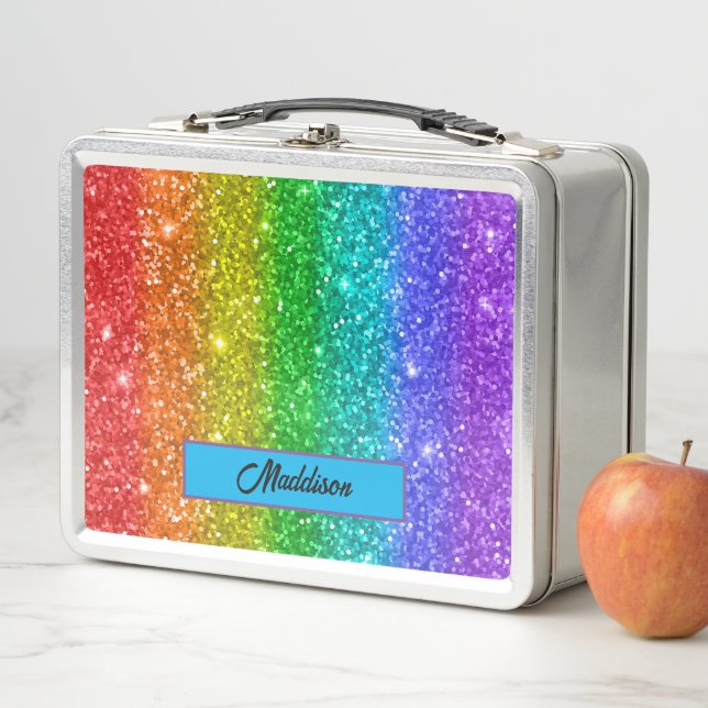 Modern Colorful Glitter Rainbow Name Metal Lunch Box (In Situ)