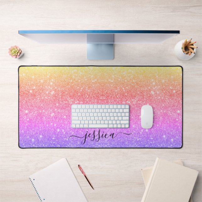 Modern colorful glitter script name desk mat (Office 1)