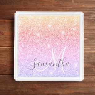 Modern Colorful Glitter Sparkles Personalized Name Acrylic Tray